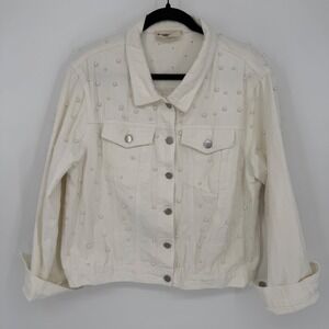 SAVANNA JANE WHITE DENIM JACKET EMBELLISHED PEARLS LARGE